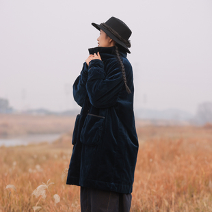 慢慢变蓝原创 荼 冬季新中式对襟中长款棉服小众复古棉衣