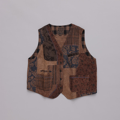 荼原创植物染亚麻拼接马甲