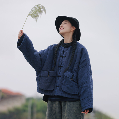 慢慢变蓝原创 荼 秋冬色织亚麻新中式对襟棉服复古盘扣棉衣短款