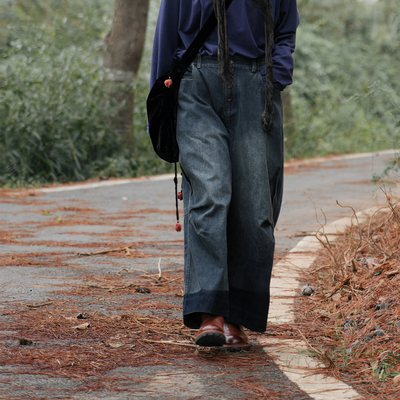 慢慢变蓝原创 荼 春秋小众复古怀旧牛仔裤 阔腿裤柔软挺括长裤