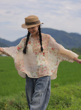 荼 复古碎花拼接苎麻 宽松蝙蝠袖田园棉麻衬衫女 花色拼接随机