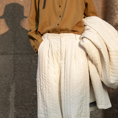 慢慢变蓝原创 秋冬 高品质小米棉面料柔软绗棉半松紧腰阔腿裤棉裤