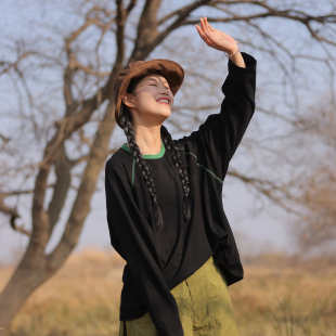 荼 T恤 春夏纯棉撞色插肩袖 长袖 多色 打底衫 慢慢变蓝原创