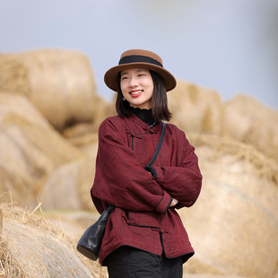 【赤墨纪】慢慢变蓝秋冬双色织亚麻棉服中式斜襟手工盘扣复古棉衣