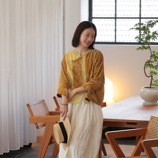 秋斜襟外套优雅精致 复古上衣 慢慢变蓝原创 细腻柔软真丝绒中式