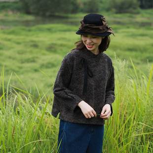 慢慢变蓝原创 秋季细腻肌理羊毛亚麻外套 新中式斜襟复古上衣