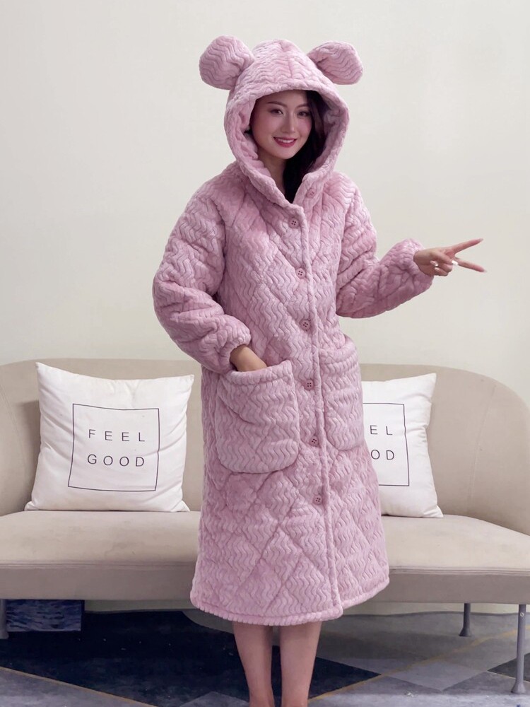 LEOPARD PRINT LONG DRESSING GOWN WOMENS WINTER CORAL VELVET PLUSH EXTRA THICK PAJAMAS THREE-LAYER PADDED JACKET WINTER HOODED LOUNGEWEAR