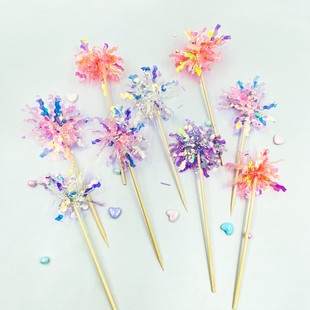 包邮装炫彩雨丝蛋糕装饰插件亮片镭射花束彩丝条韩式生日烘焙插牌