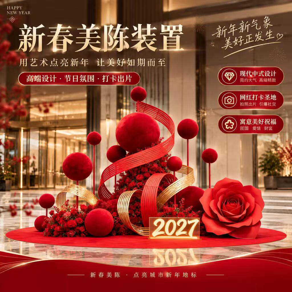 红色绒球花艺新年美陈商场售楼处落地装置门店网红打卡点大型摆件图片