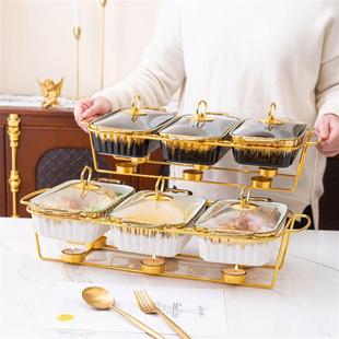 餐厅彩色三格双耳陶瓷烤盘家用加热干锅餐具酒店餐饮店高档陶瓷锅