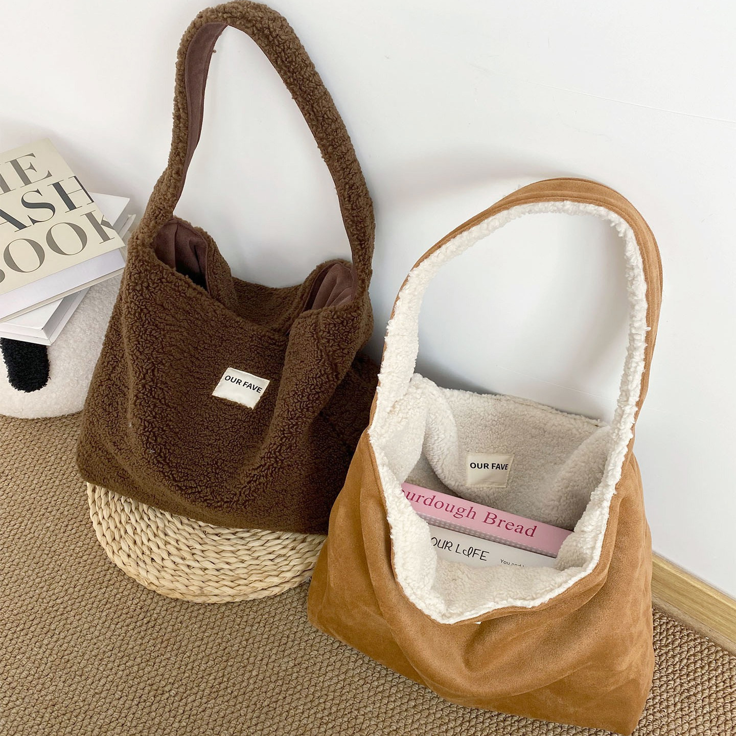 秋冬新款纯色简约毛绒托特包通勤