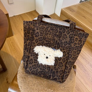 秋冬新品 托特包拉链复古潮流托特包包女通勤 麂皮绒豹纹慵懒风大版