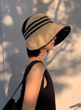 高倍防晒黑胶大沿条纹空顶帽子女