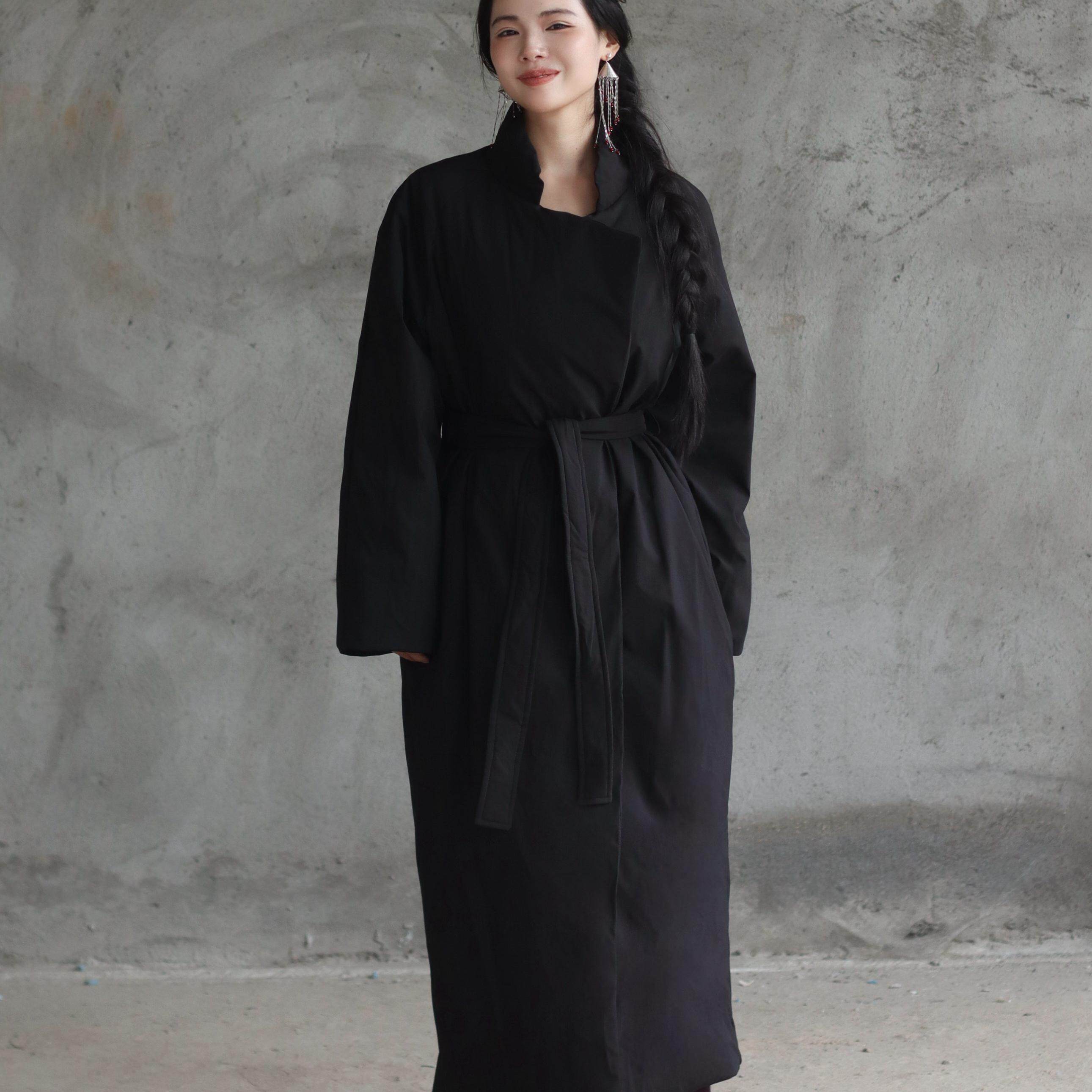 新中式侘寂高级中式立领气质长款绑带羽绒服保暖冬季大衣外套