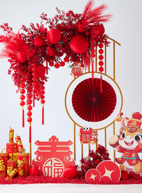 2026马年新年红仿真花美陈摆件
