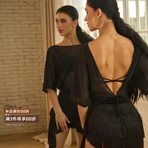 ZYM【纱心沦陷】上衣裙露背网纱拉丁舞练功服女侧腰小纽扣26033