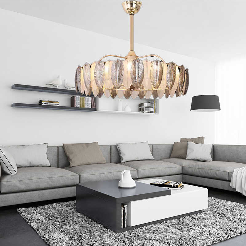 2024新款餐厅吊扇灯羽毛风扇灯全铜变频电机语音控制家用一体