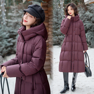 连帽长款羽绒服纯白色2025秋冬女装中厚格纹松紧收腰气质保暖好看