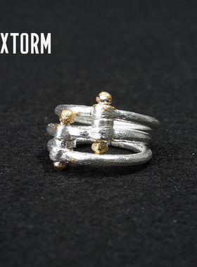 VIXTORM足银戒指 s990三圈两轴传统手工金箔贴金指环原创Kebir