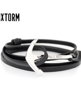 潮牌VIXTORM纯银手链 925银船锚饰品 男女情侣牛皮手绳设计师APS