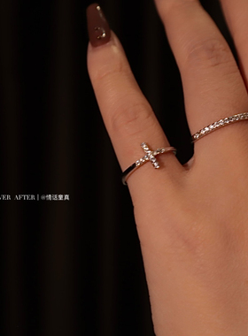 独家定制～带钻十字架小尾戒女通体s925纯银小拇指戒指闭口可调节