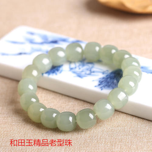 天然和田玉石老型珠青海料青白玉