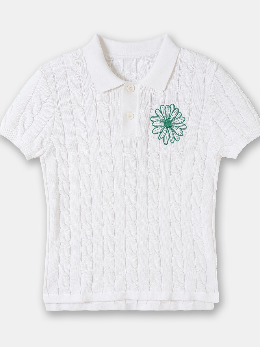 KOREAN WHITE DAISY FLOWER EMBROIDERY POLO NECK KNIT TOP WOMENS SPRING SUMMER VERSATILE SIMPLE T-SHIRT SHORT SLEEVE COTTON
