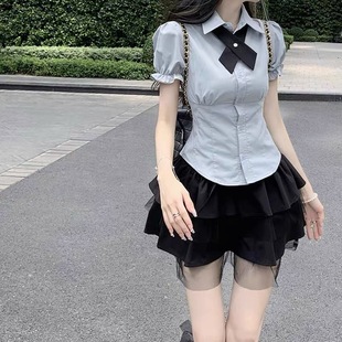 学院衬衫 小个子韩系制服套装 2023新款 女夏季 纯欲蓬蓬短裙两件套装