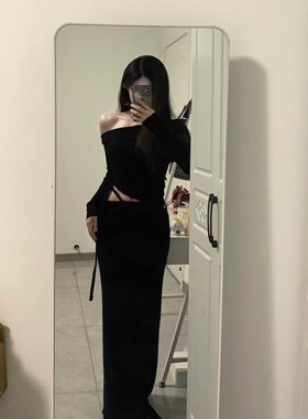 辣妹轻熟风一整套穿搭秋冬新款一字肩长袖包臀鱼尾中长裙两件套装