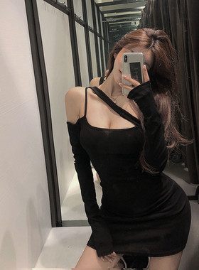 网红夜店性感露肩长袖吊带连衣裙女秋冬新款百搭包臂黑色打底裙子