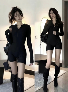 纯欲风黑色连体衣裤女秋冬2025新款美式休闲运动百搭瑜伽服打底裤