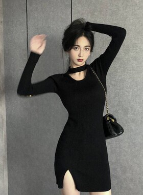 黑色针织名媛连衣裙女秋装2022新款辣妹长袖紧身收腰包臀气质短裙