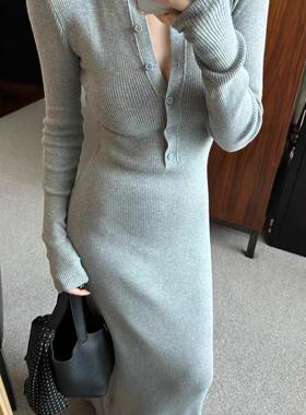纯欲风美式灰色针织连衣裙女2024新款法式复古显瘦收腰气质长裙子