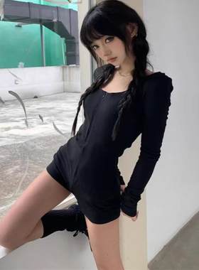 美式性感辣妹黑色长袖连体裤
