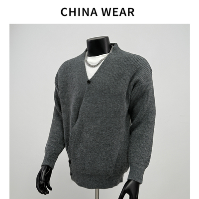 早秋韩系穿搭上衣黑色道袍开衫毛衣男款慵懒宽松V领针织衫外套秋