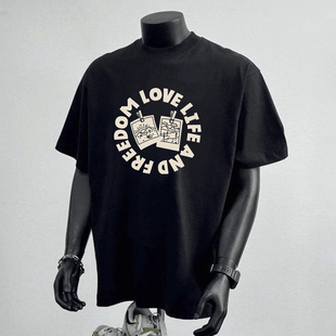 重磅纯棉潮牌美式创意T恤简约字母印花男款夏季圆领宽松短袖1