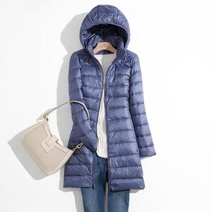 日本优家中年妈妈轻薄羽绒服女中长款秋冬新款大码可脱卸帽薄外套