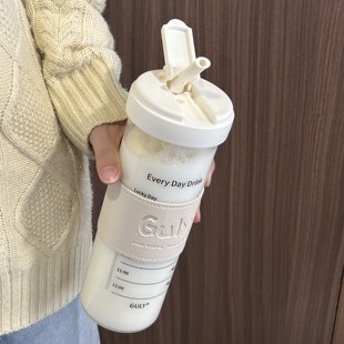 饮水计划！吸管杯玻璃杯食品级水杯女茶水分离带杯套大容量水杯子