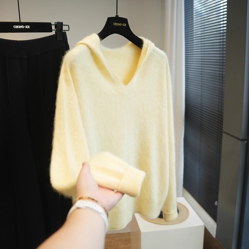 无缝一体羊绒羊毛蓬松拉毛连帽针织衫女毛衣内搭外穿上衣秋冬A70K