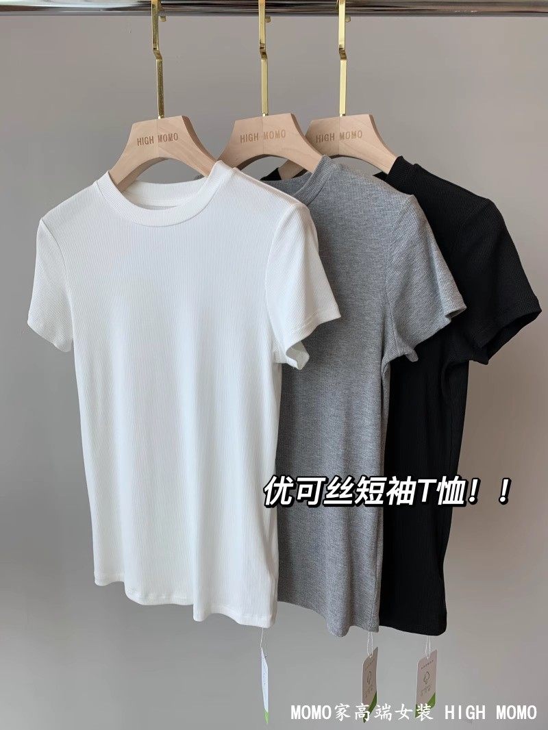 巨显瘦百搭~大小圆领柔软正肩修身显瘦锁骨螺纹坑条T恤夏女