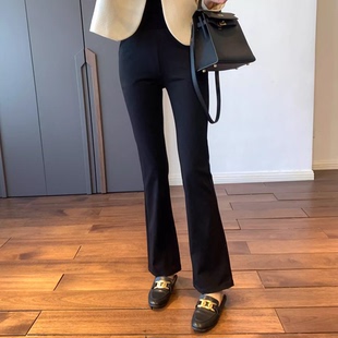 THEWOW 春 大长腿立体裁剪显腿直松紧高腰百搭微喇叭黑长腿裤