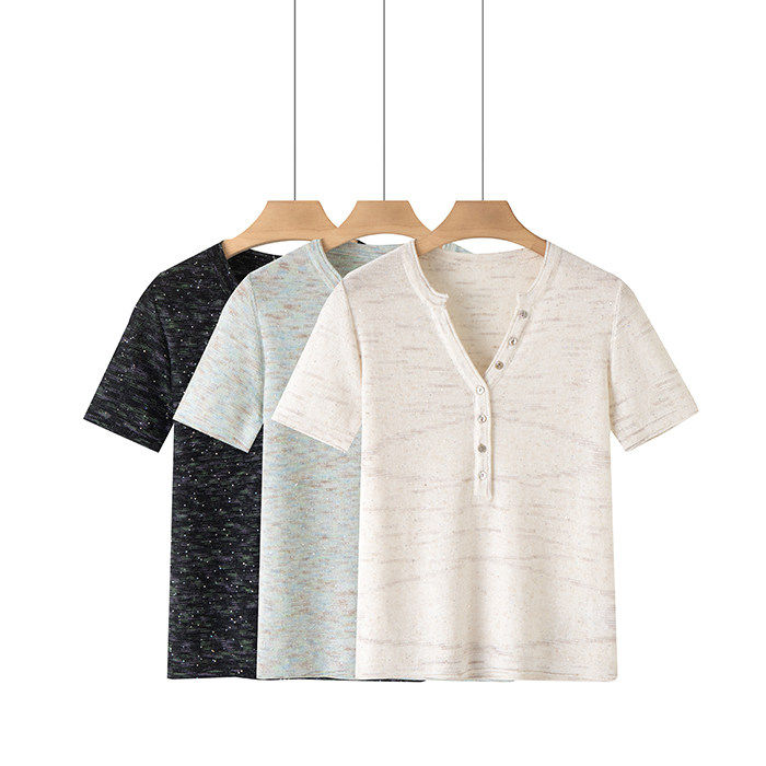 幻彩珠片嵌入 舒适棉麻花纱剪刀亨利领弹力修身短袖显瘦针织T恤