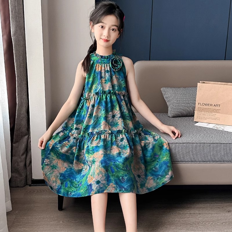 女童夏季连衣裙韩版女中大童薄款沙滩裙子女孩夏装洋气碎花公主裙