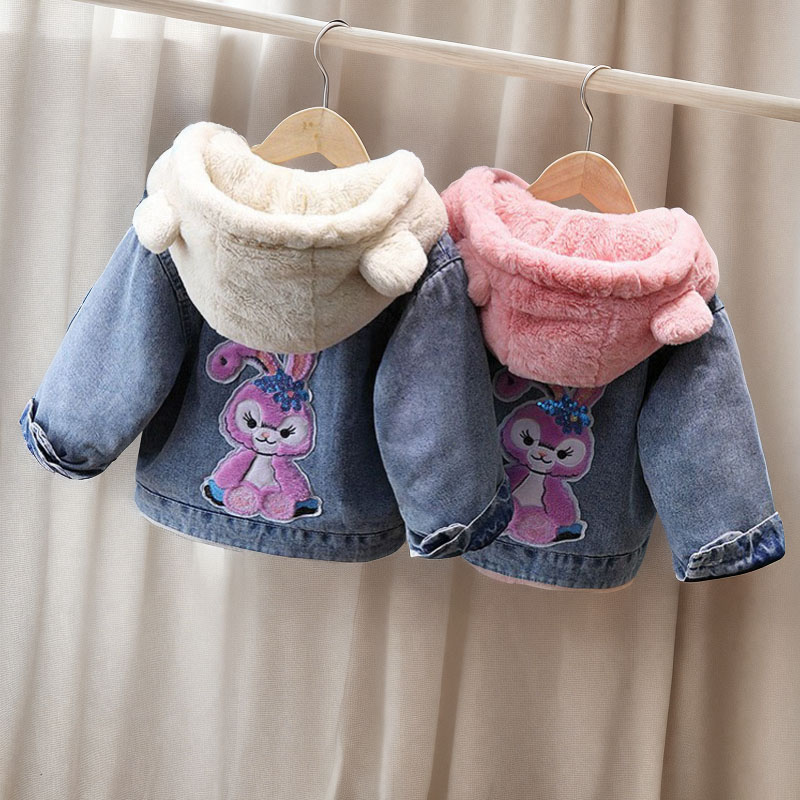 女童夹棉牛仔外套冬季外穿加绒加厚连帽棉服韩版洋气女孩冬装棉袄