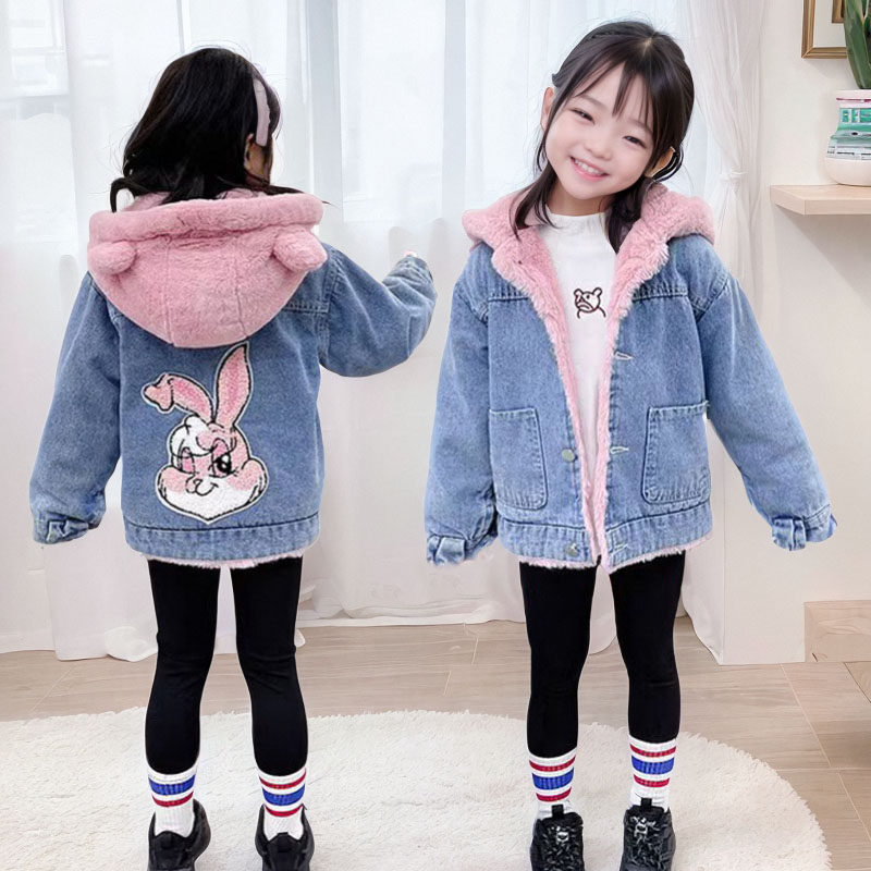 女童加绒加厚牛仔外套连帽