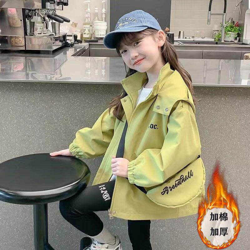 女童冬季风衣外套韩版夹棉加厚冲锋衣时尚洋气女孩冬装连帽棉服