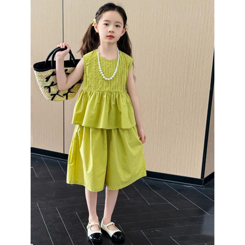 女童夏装套装2026新款时尚韩版女孩夏季中大童背心阔腿短裤两件套