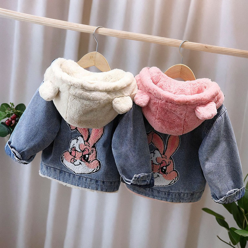 女童加绒牛仔外套冬季夹棉加厚连帽棉服韩版洋气女孩冬装外穿棉袄