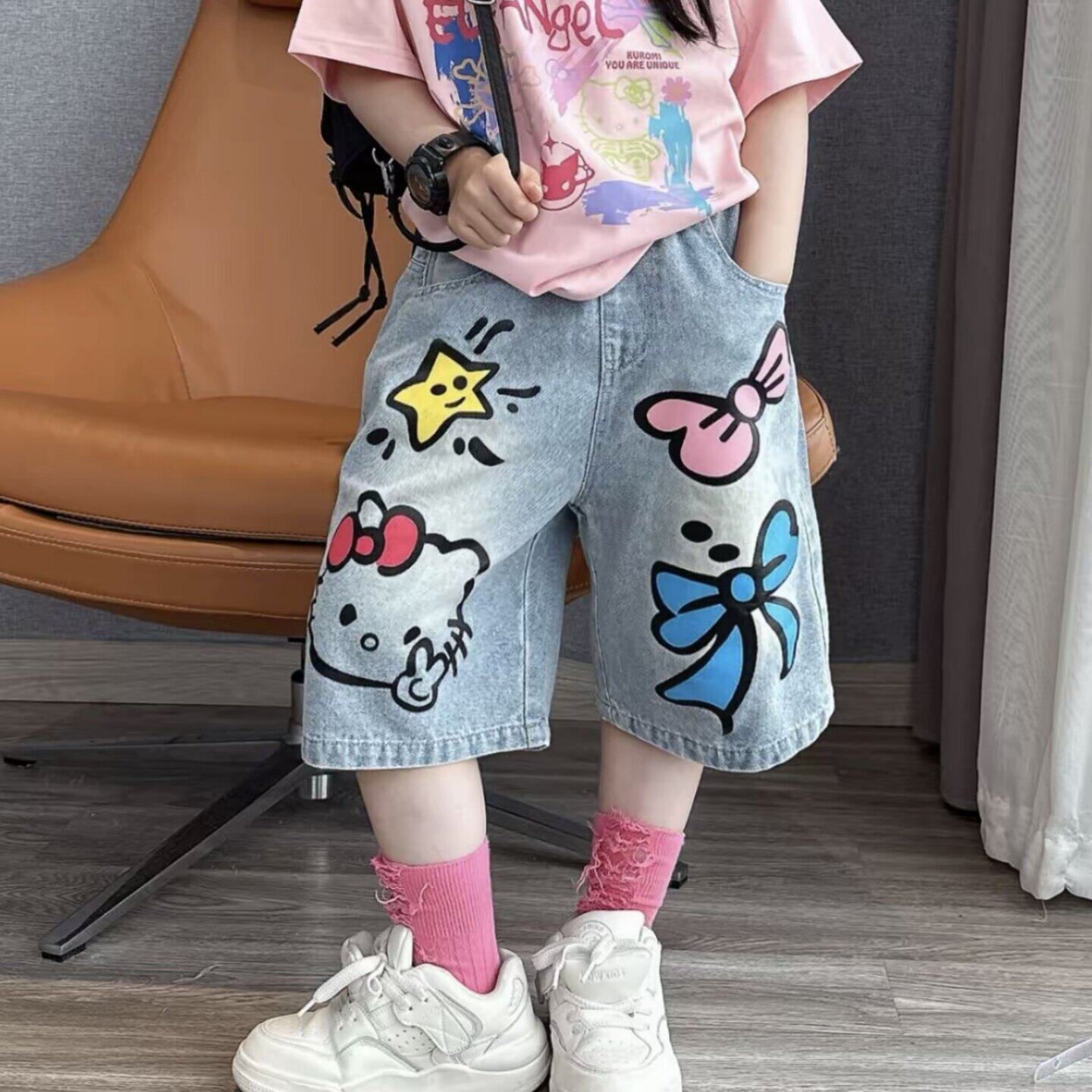 女童夏季卡通印花牛仔短裤
