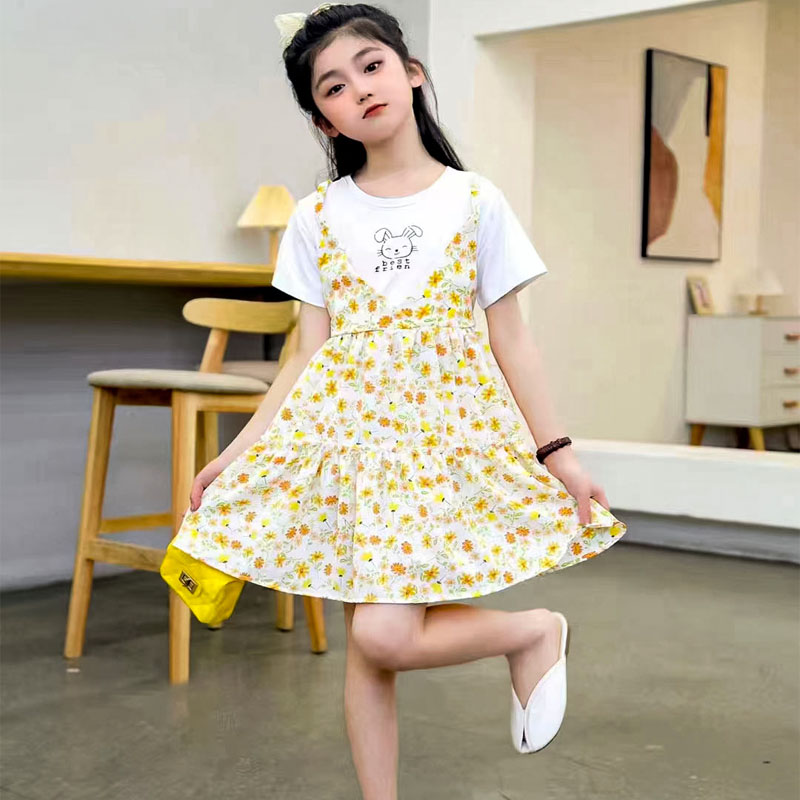女童假两件连衣裙夏季韩版洋气女中大童碎花裙子女孩夏装公主裙